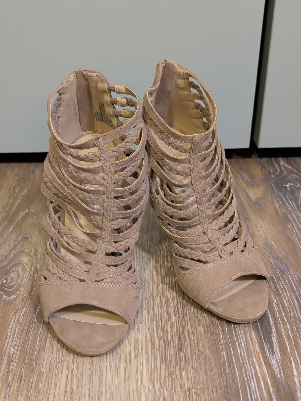 LC Lauren Conrad Taupe Braided Cage Peep-Toe Heels